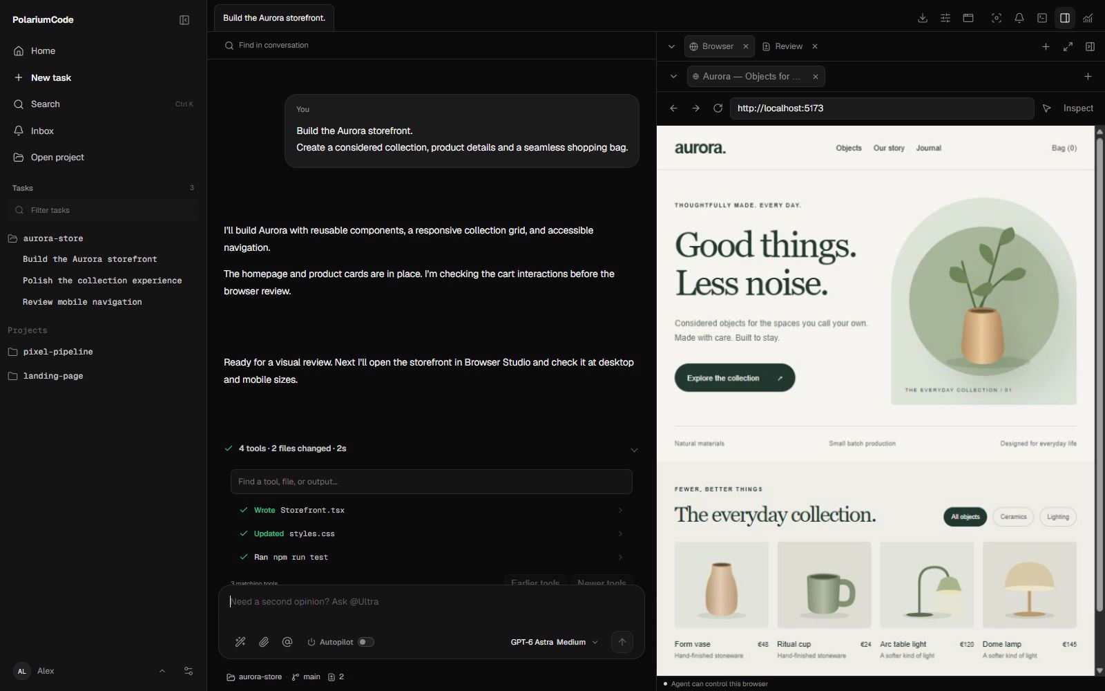 Polarium Code Browser Studio showing a fictional storefront beside the agent conversation.